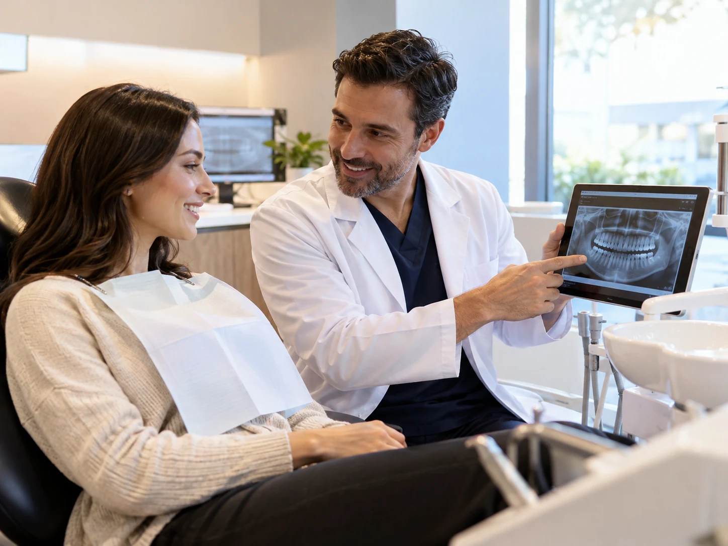 Dentista apresentando planejamento digital para paciente